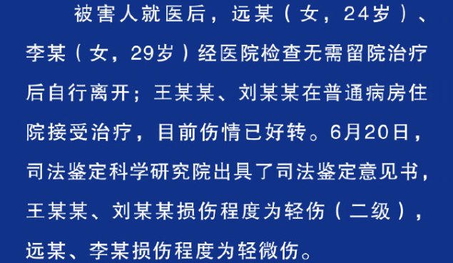 唐山被打女孩两人损伤程度为轻伤（二级），两人损伤程度为轻微伤。
